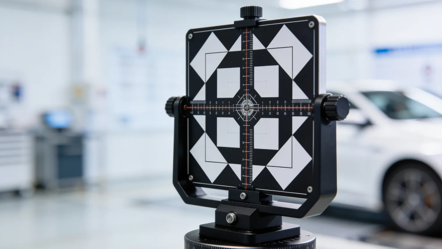 ADAS camera calibration target mounted on an adjustable tripod