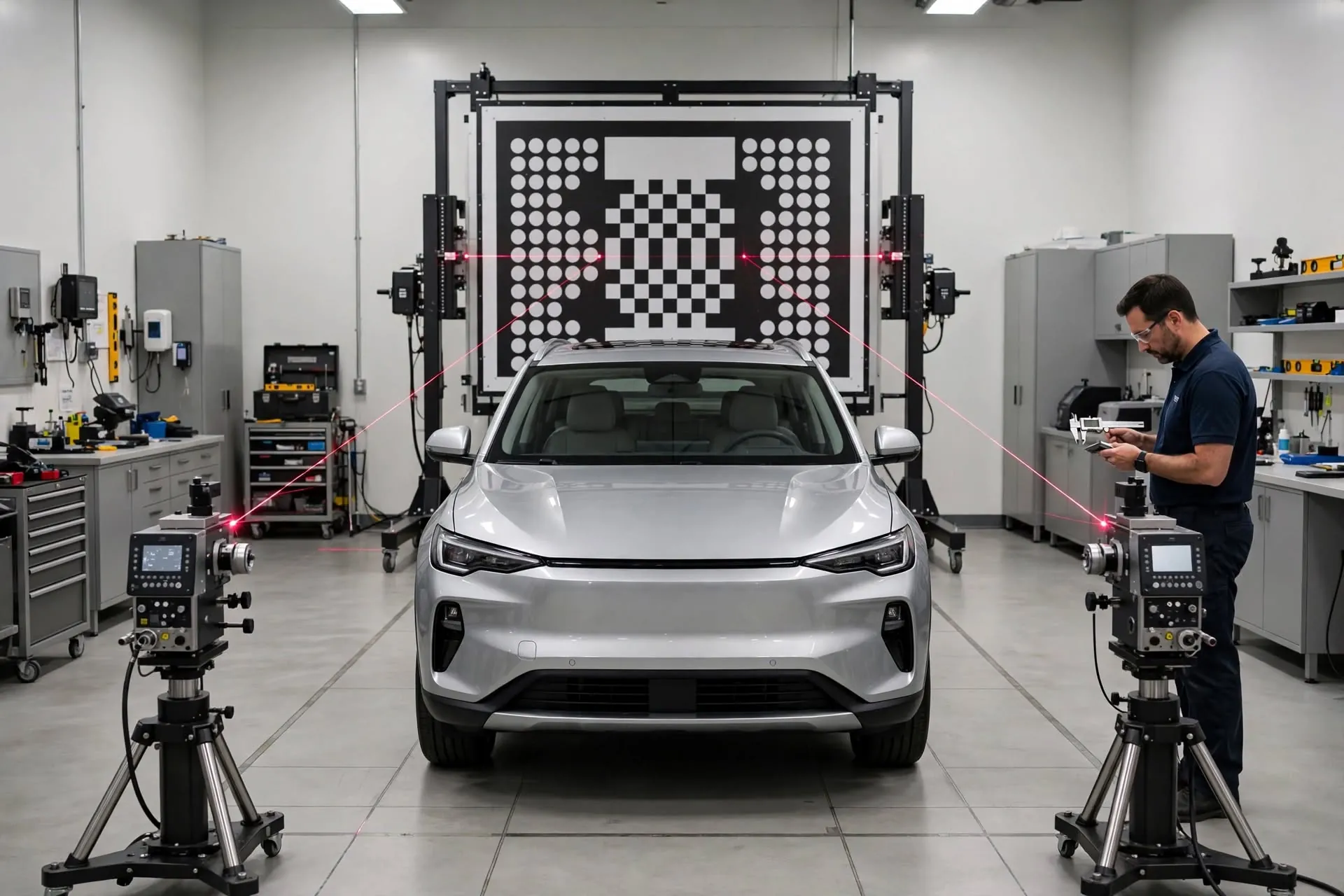 Technician calibrating a vehicle in front of a large ADAS calibration target