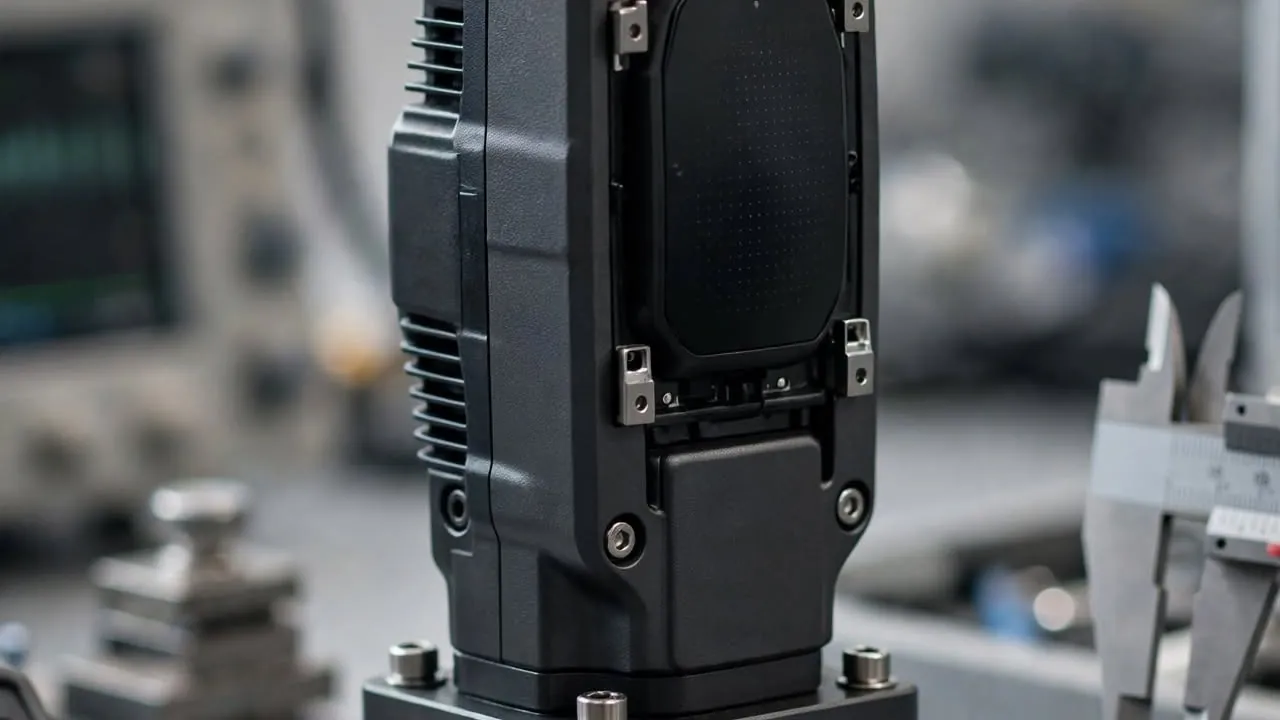 Automotive radar module mounted on a precision test fixture