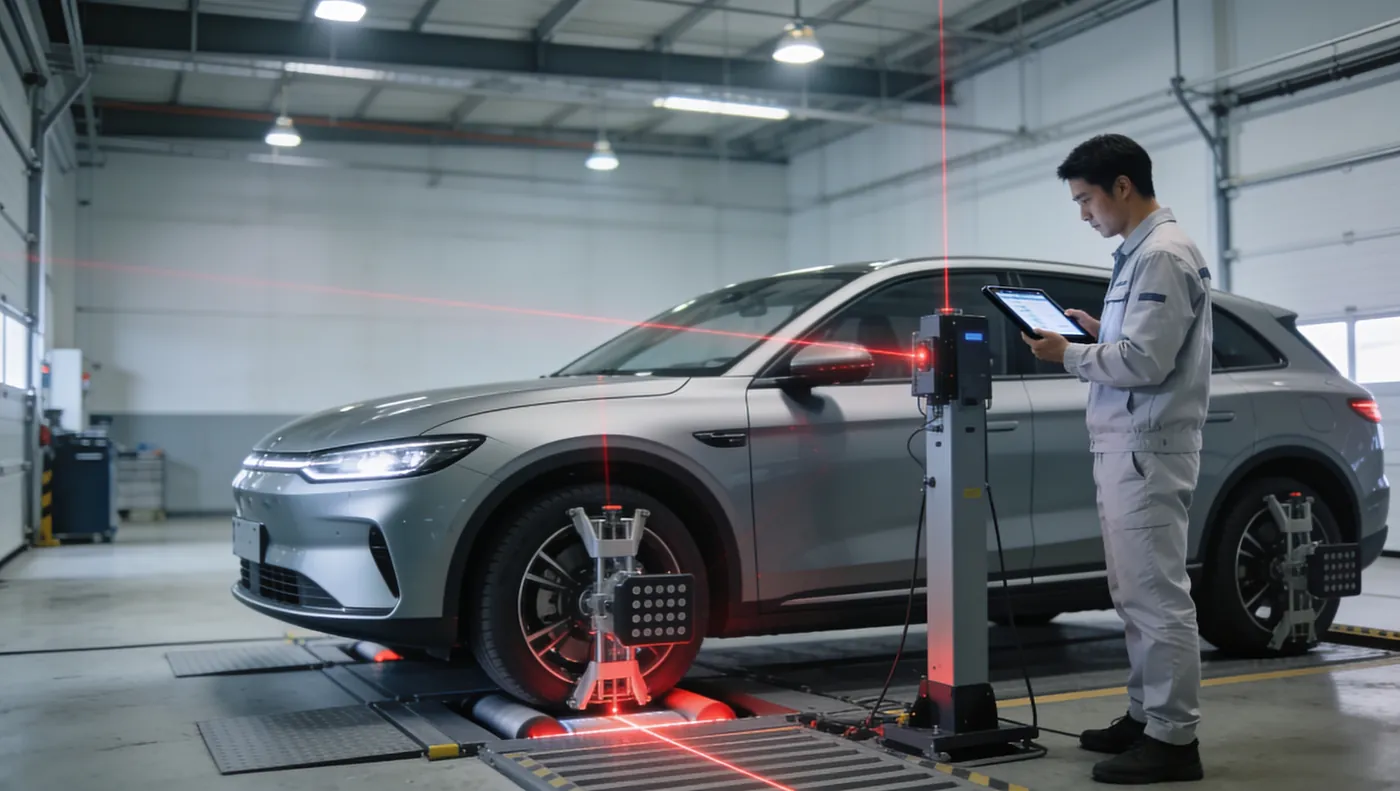Technician checking wheel alignment with laser measurement equipment before ADAS calibration