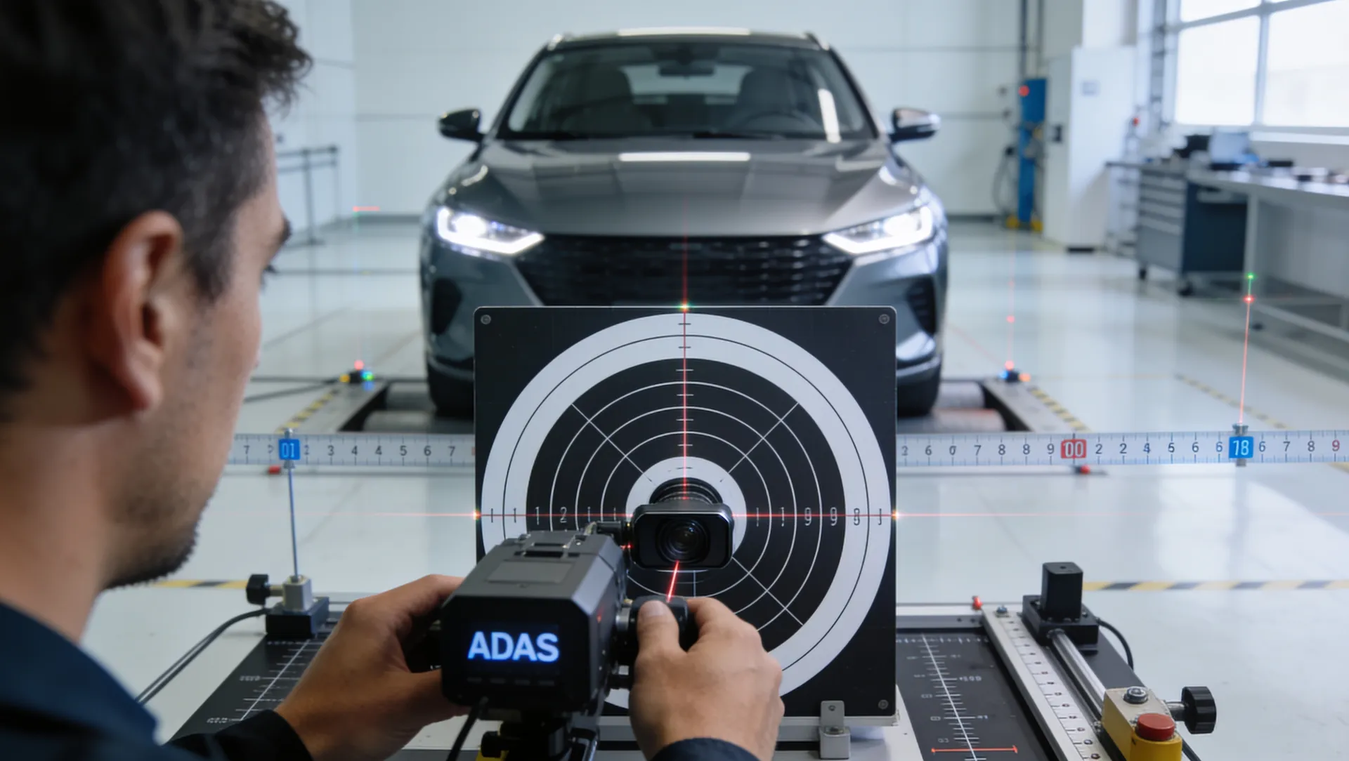 Technician aligning calibration equipment to a target in front of a vehicle